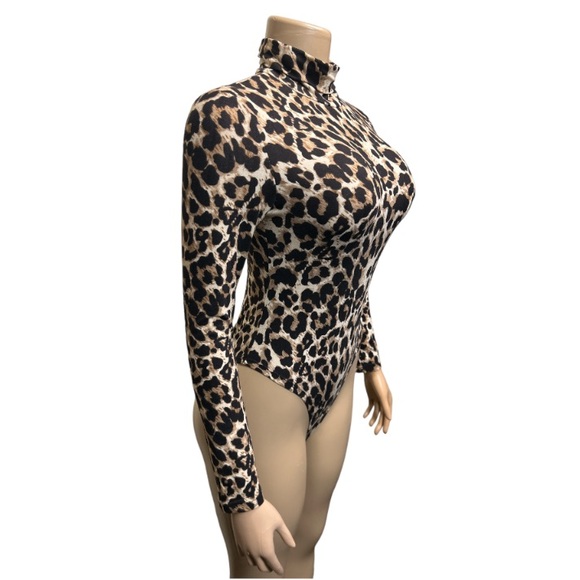 Leopard Print Bodysuit Turtleneck Long Sleeve full bottom brown tan,black size L - Picture 6 of 17
